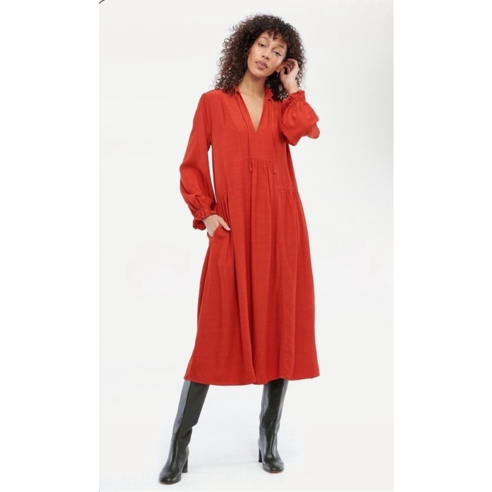 NWT LACAUSA Roma Orange Red Puff Long Sleeve Midi Dress Size XL